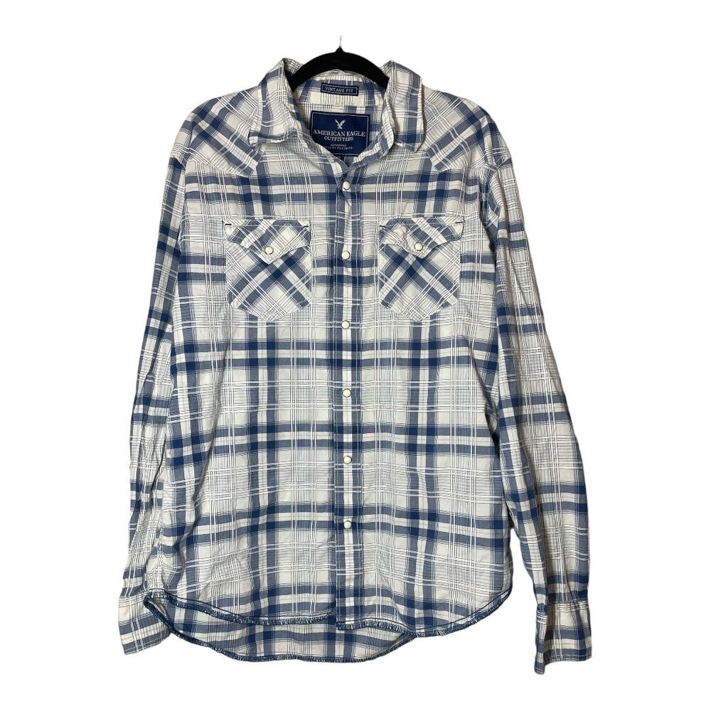 American Eagle Mens Western Snap Button Front Shirt Off White Blue Size Large